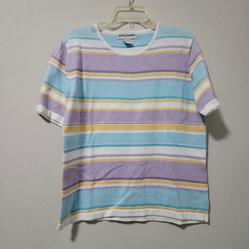 Cathy Daniels Womens Pastel Striped Short Sleeve Cotton Knit Sweater Pple Blue M